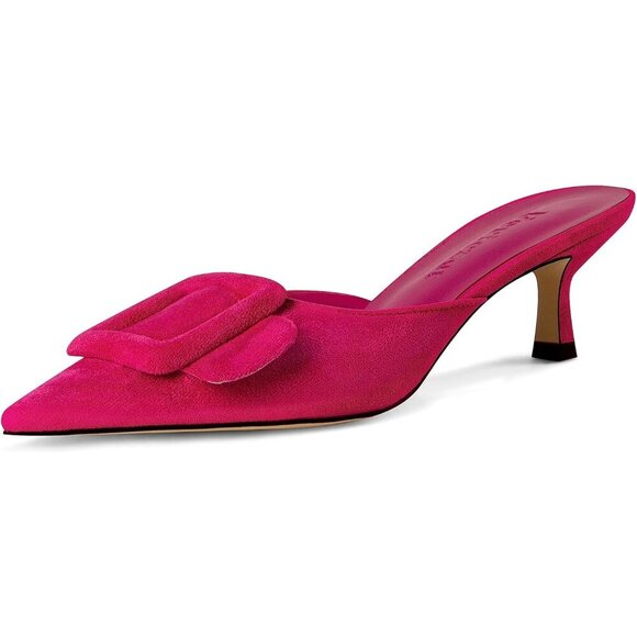 Shoes - Women's Hot Pink Mule Slingback Buckle Pumps Pointed Toe Kitten Heels Shoe